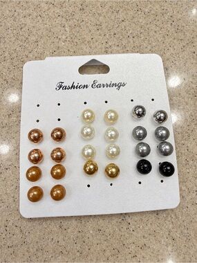 Stud Earrings 12 Pairs Set Pearl Ball Gold Silver Rose Gold Black New